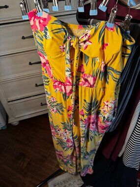 Yellow Floral Strapless Smocked Romper Tropical Summer Vacation One Piece